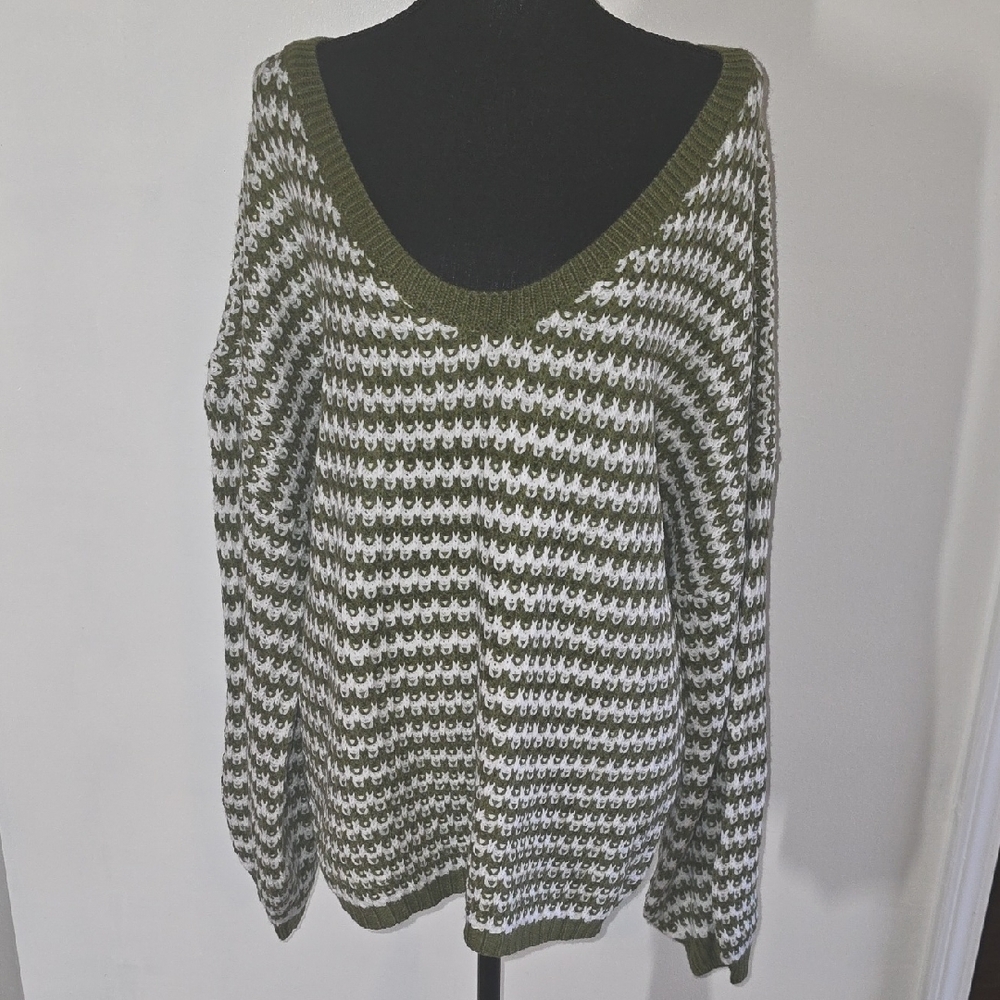 Olive Green and White Women's Sweater